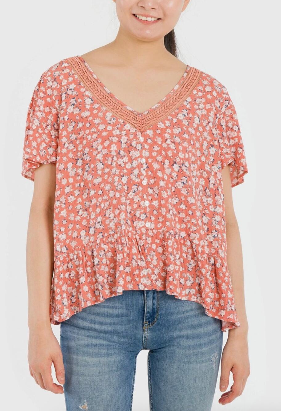 Hippie Rose Juniors Melon Spice Floral Peplum Ruffle Short Sleeve Pink Blouse XS
